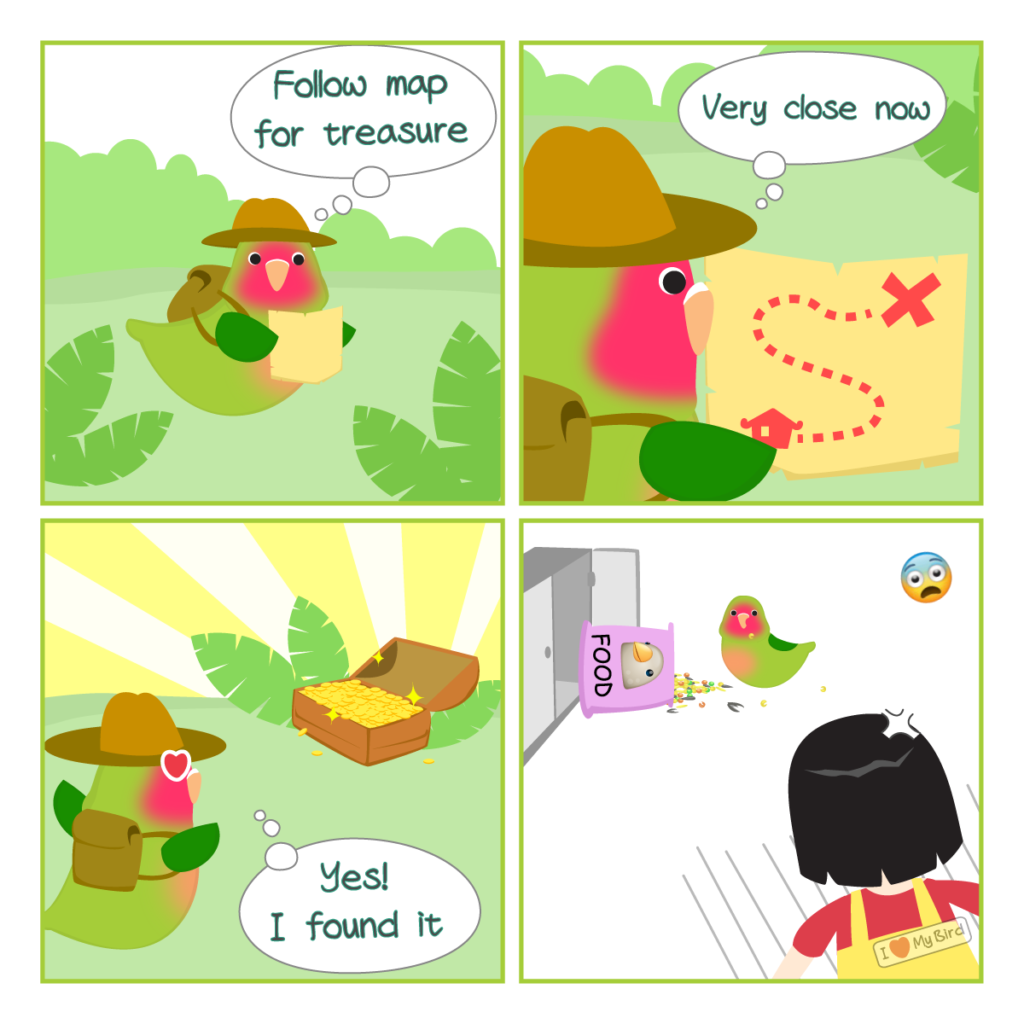 A comic of a lovebird's hunting trip finds his treasure.